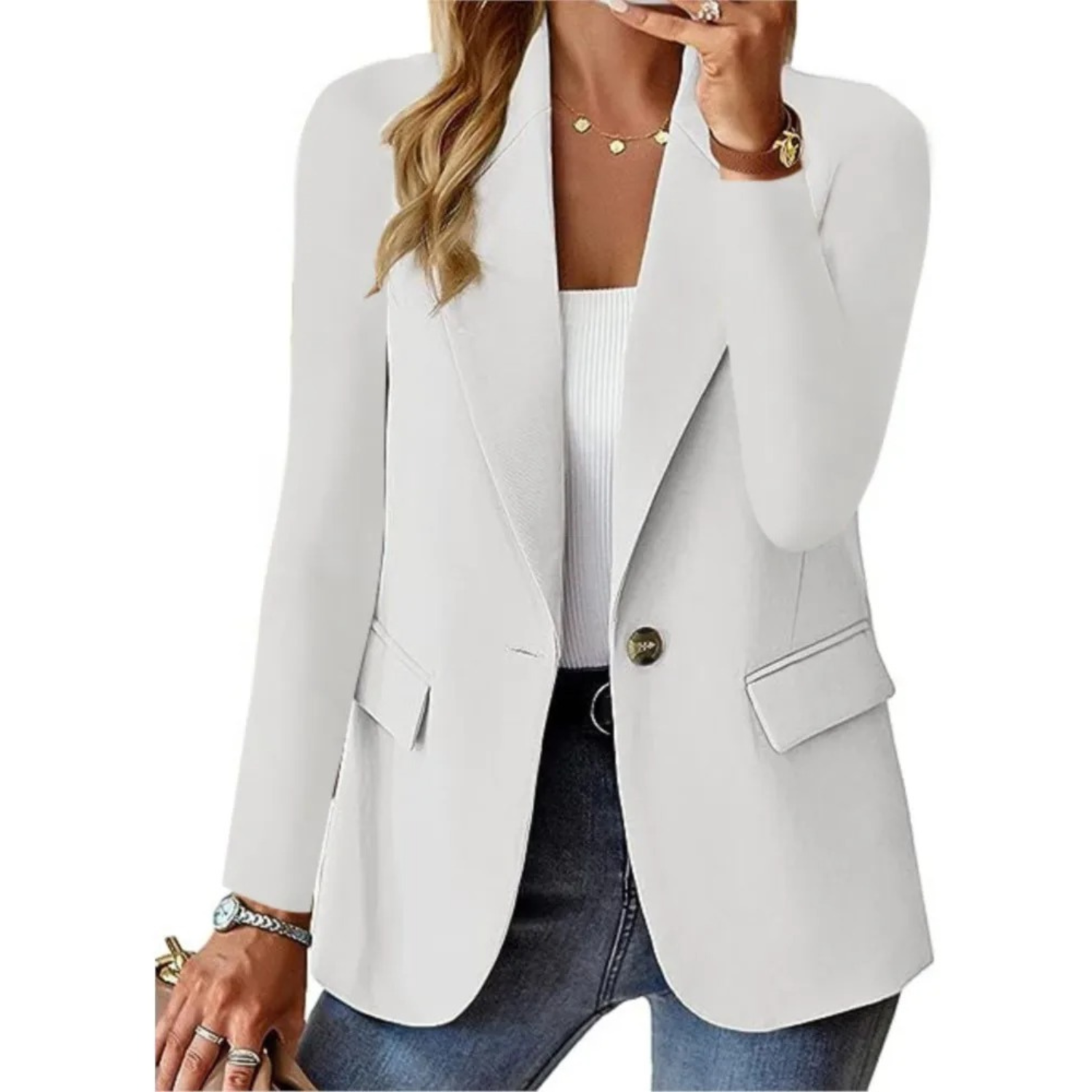 Tailored blazer with one-button closure and waisted fit in white