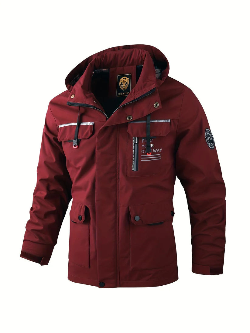 Waterproof winter jacket worn outdoors, full look