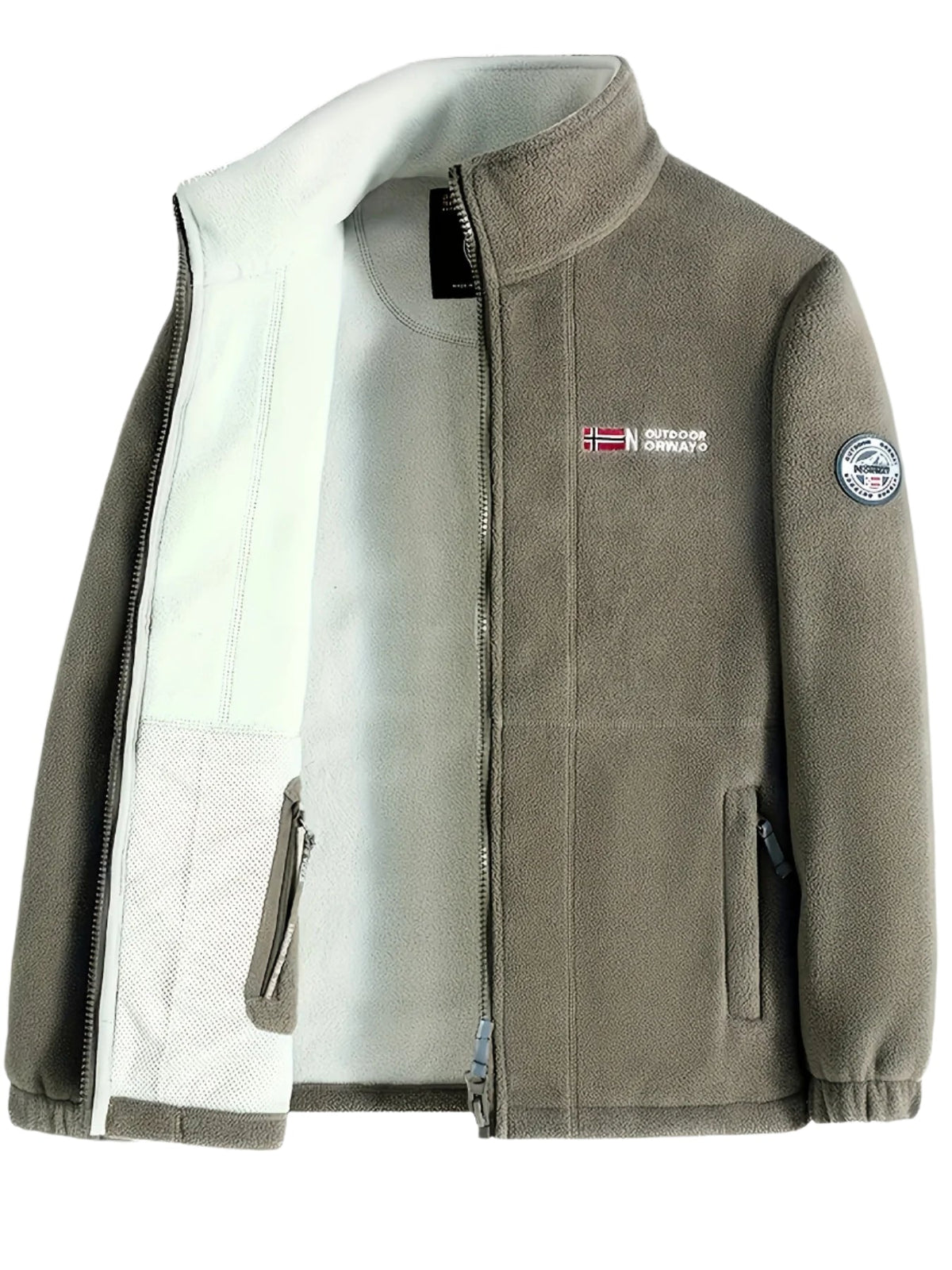 Fleece jacket high collar outdoor in navy, red, khaki, grey and black, further product view.