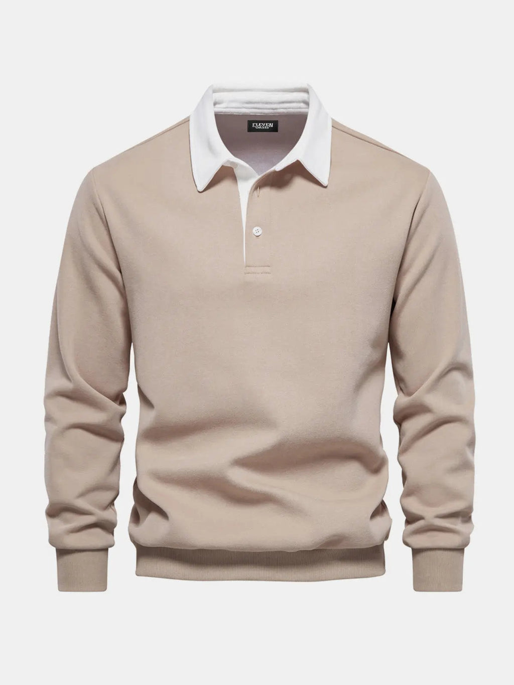 Khaki polo collar sweatshirt with button placket, long sleeve, front view