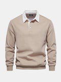 Khaki polo collar sweatshirt with button placket, long sleeve, front view