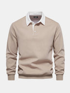 Khaki polo collar sweatshirt with button placket, long sleeve, front view