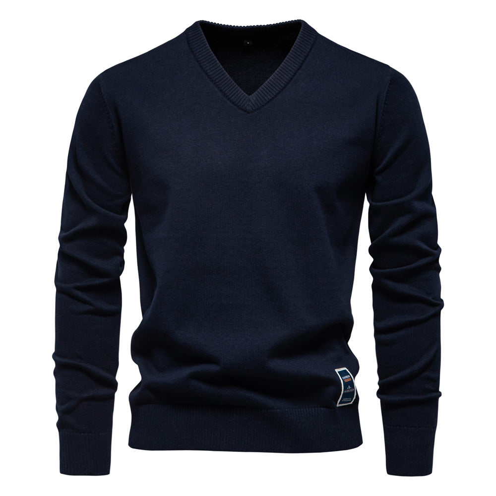 Navy V neck sweater in a slim fit cotton-blend knit