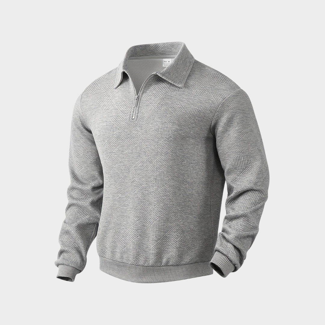 Quarter zip sweater with geometric print knit and stand collar, gallery view 7