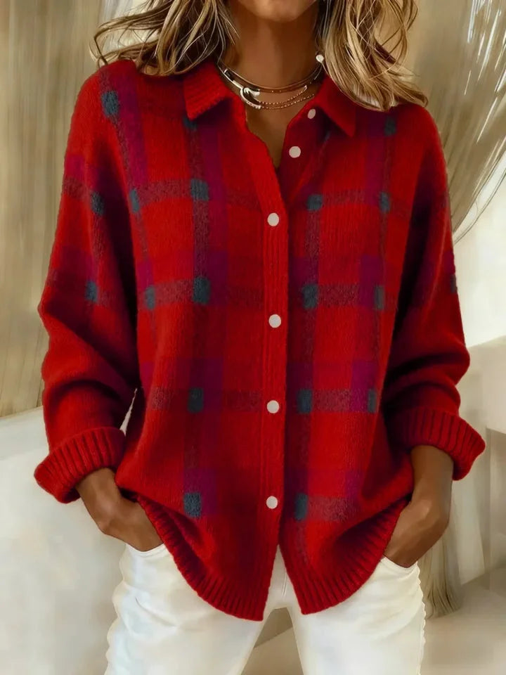 Checked knit sweater styled look.