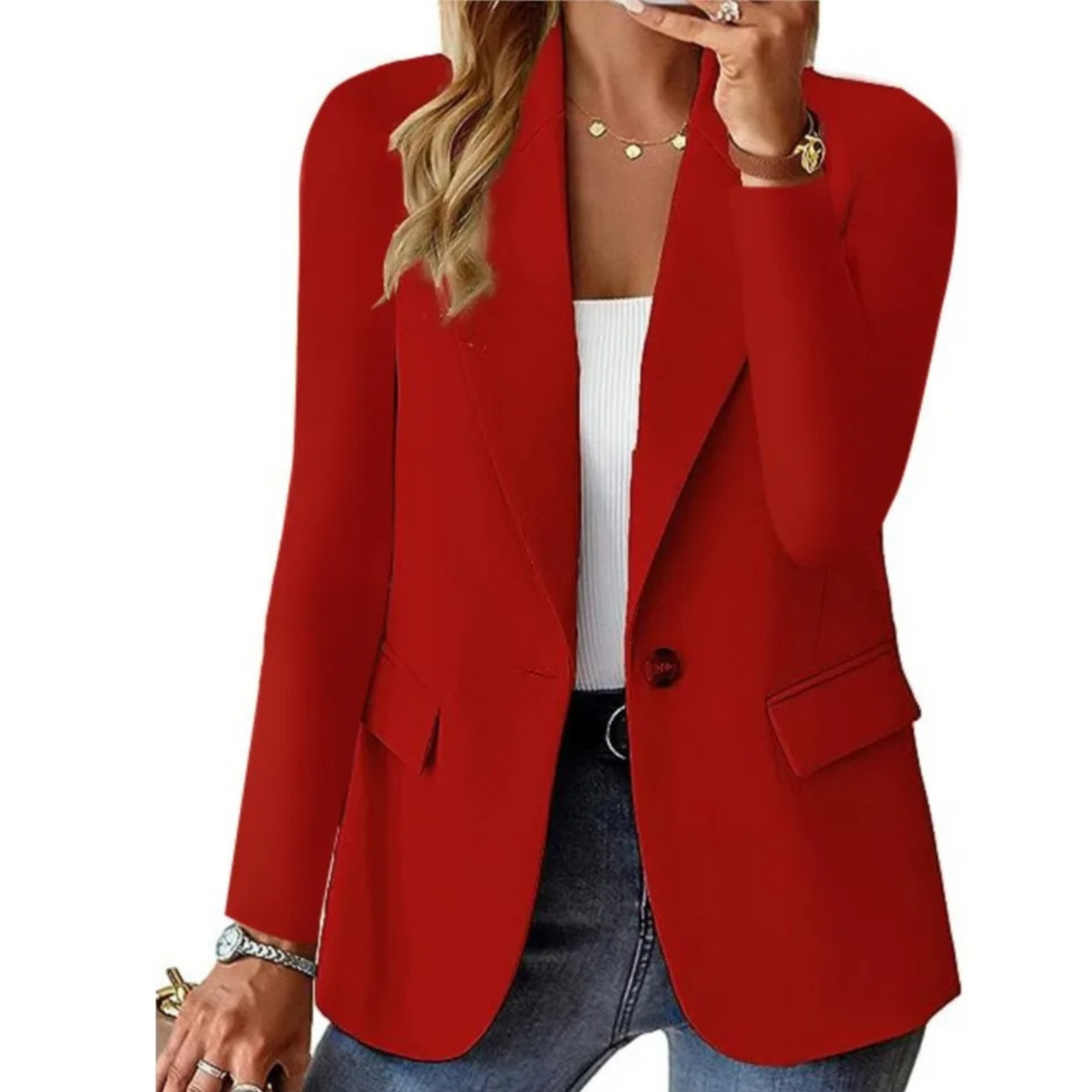 Tailored blazer with one-button closure and waisted fit in red