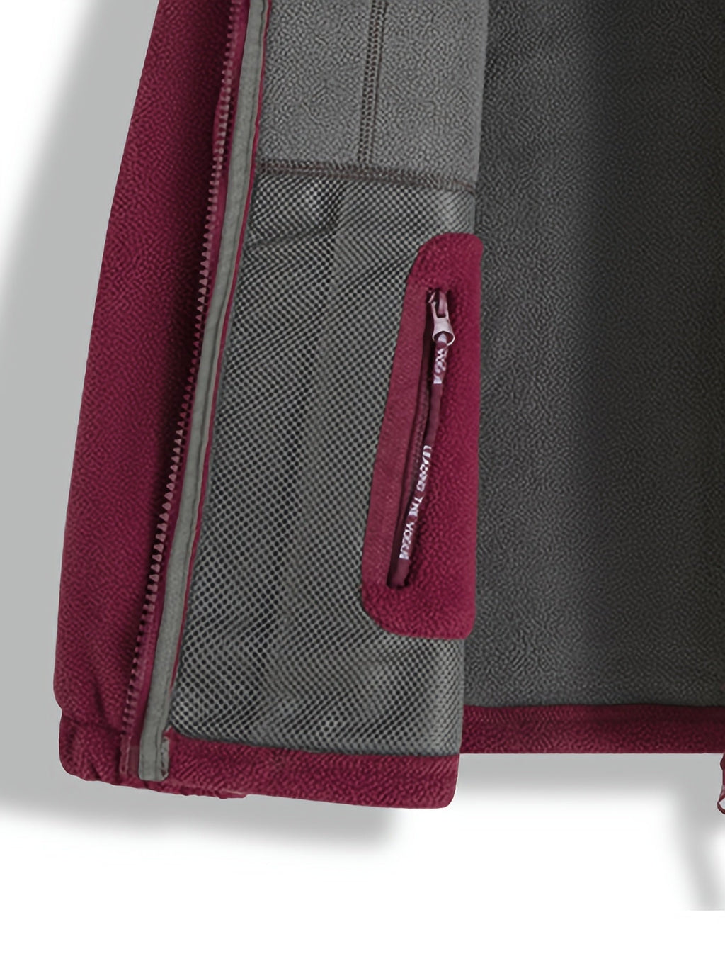 Fleece jacket high collar outdoor in navy, red, khaki, grey and black, high collar close-up.