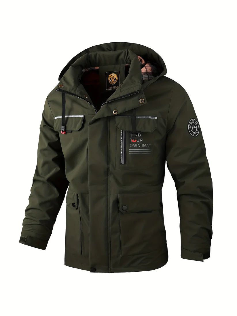 Waterproof winter jacket back view showing hood
