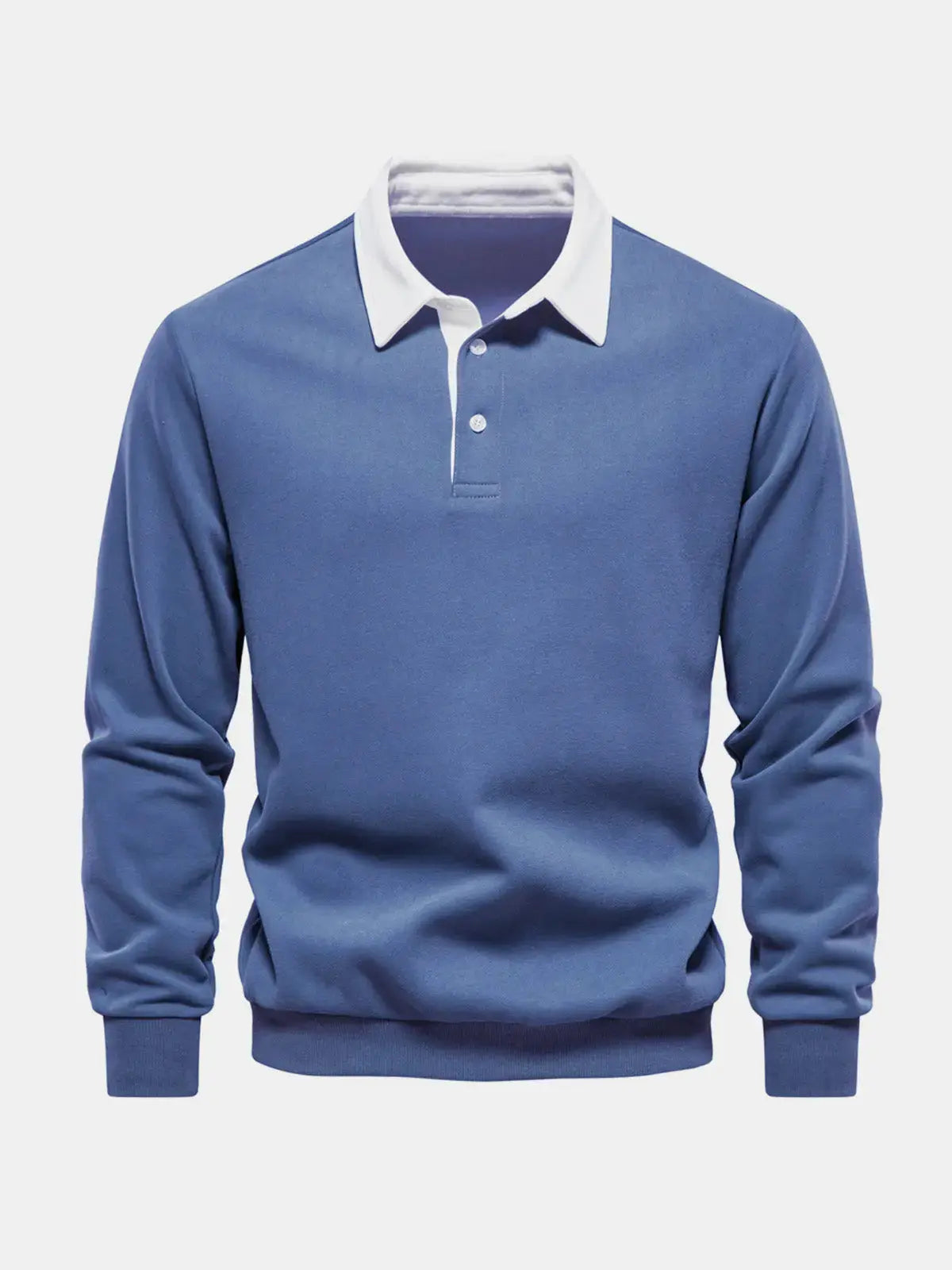 Blue polo collar sweatshirt with button placket, long sleeve, front view