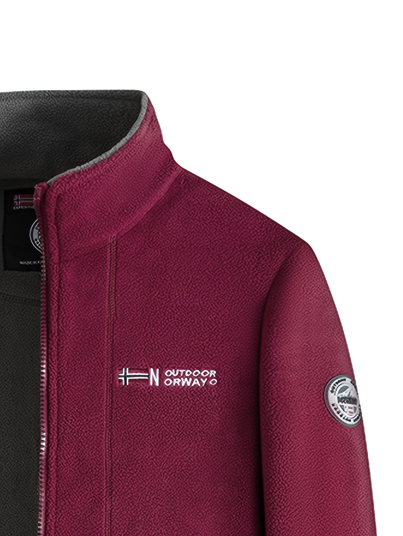 Fleece jacket high collar outdoor in navy, red, khaki, grey and black, close-up fleece detail.