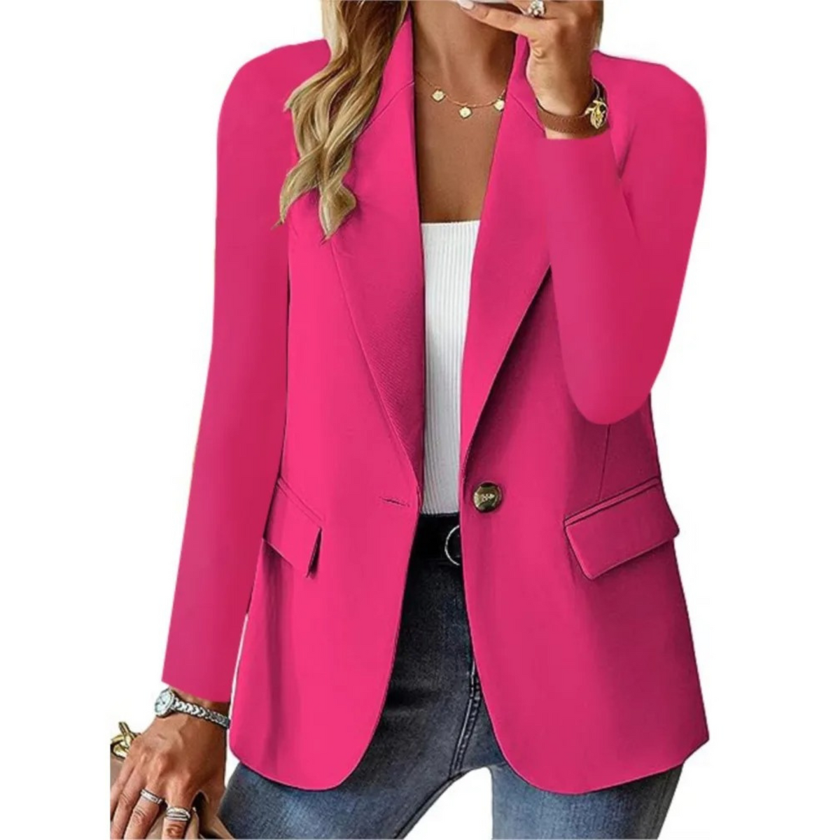 Tailored blazer with one-button closure and waisted fit in pink