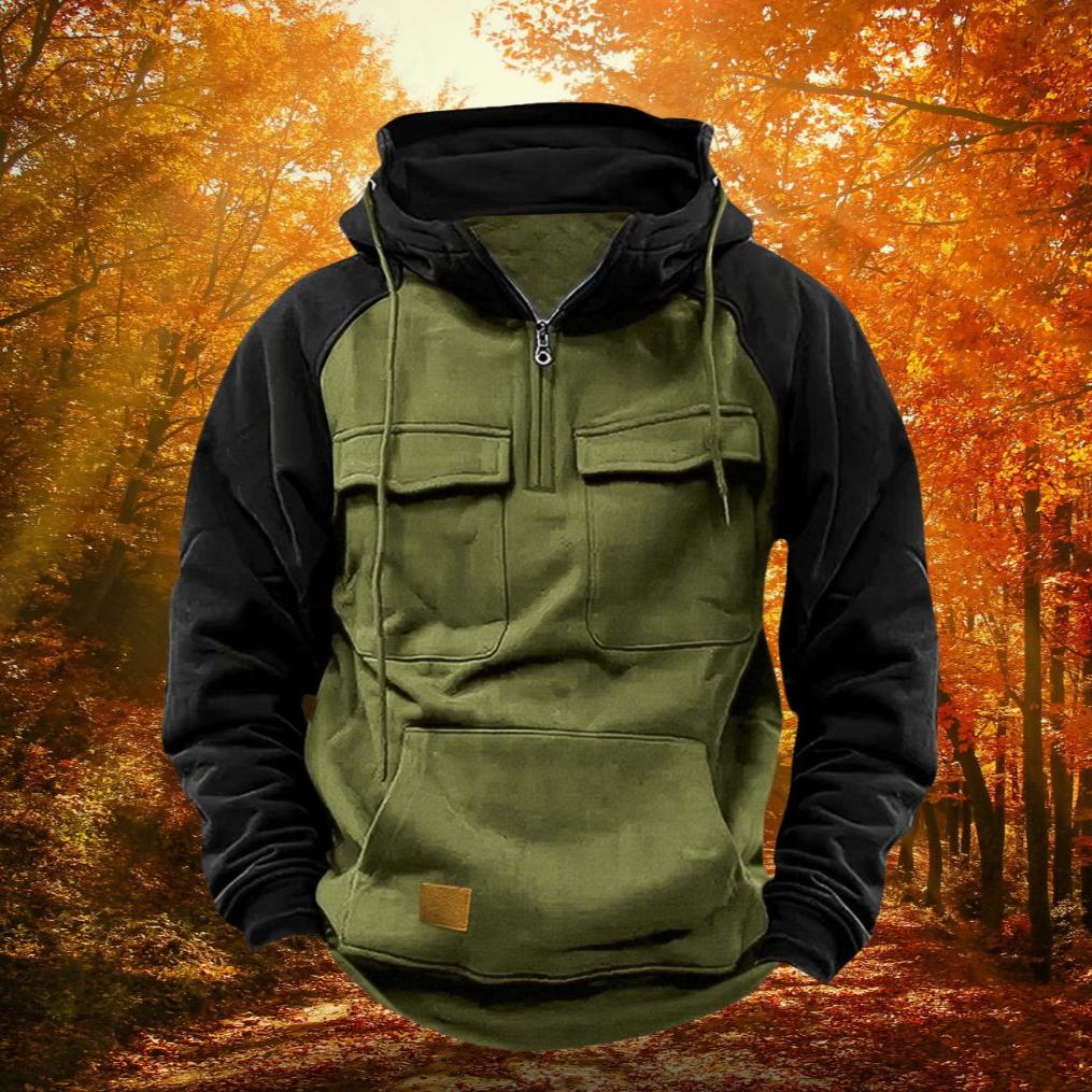 Color-block quarter-zip hoodie outdoor in khaki, front view