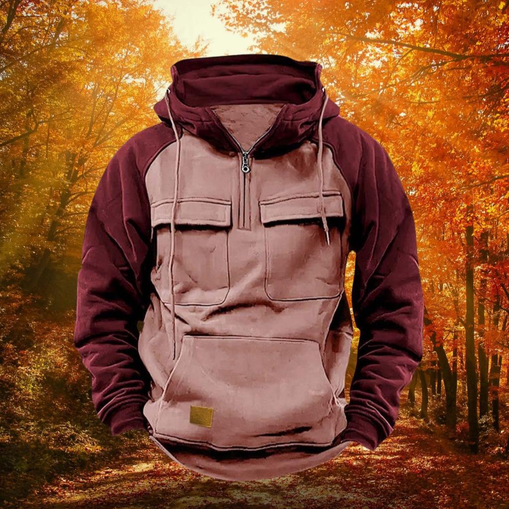 Color-block quarter-zip hoodie outdoor, detail of hood and chest pockets