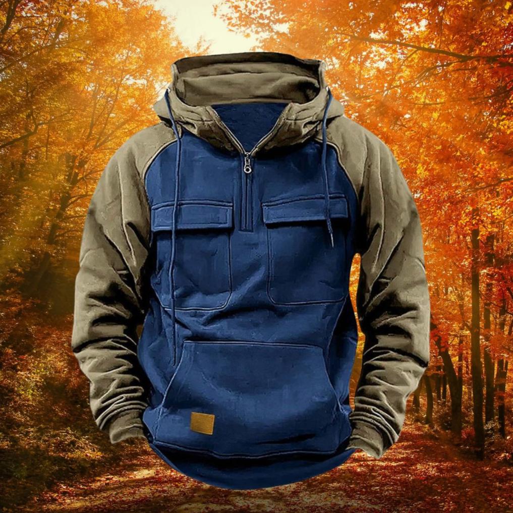 Color-block quarter-zip hoodie outdoor in red, front view