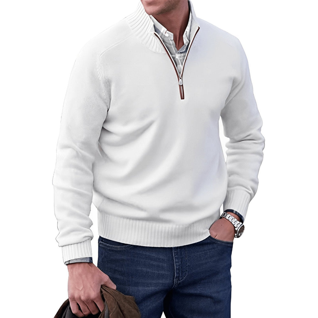 Quarter-zip stand-collar knit sweater in white.