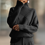Slate Grey ribbed turtleneck sweater in textured geometric knit, front view