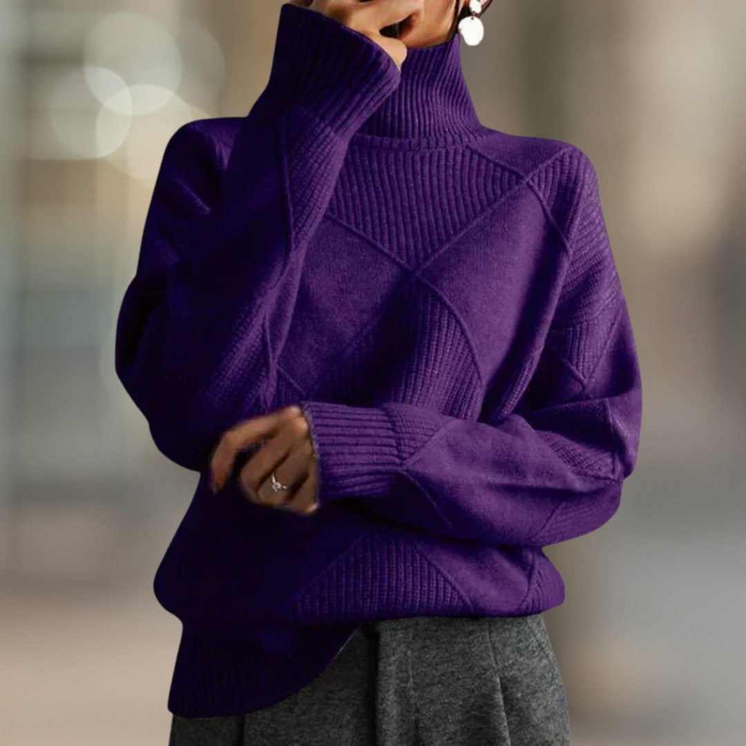 Plum Purple ribbed turtleneck sweater in textured geometric knit, front view