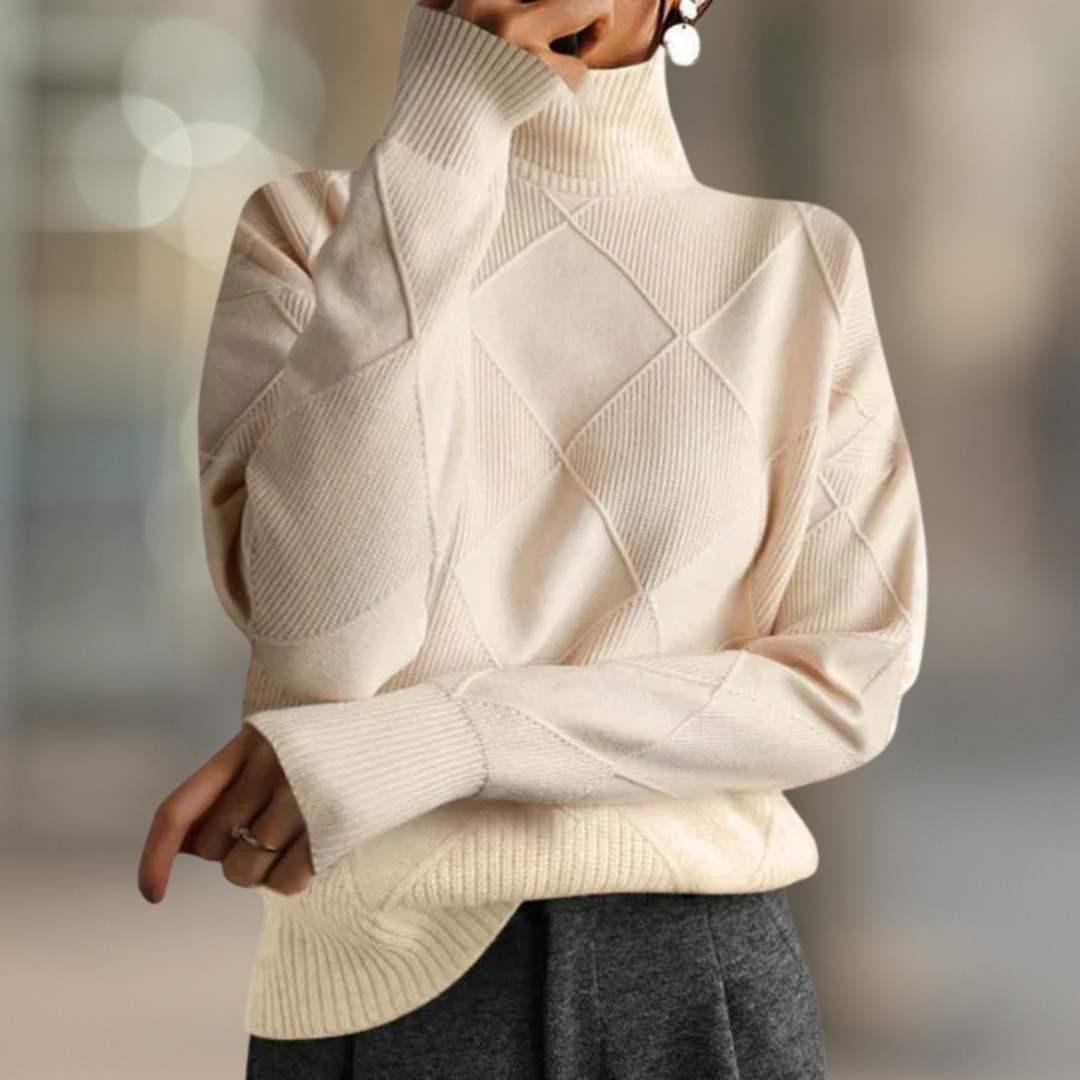 Ivory Cream ribbed turtleneck sweater in textured geometric knit, front view
