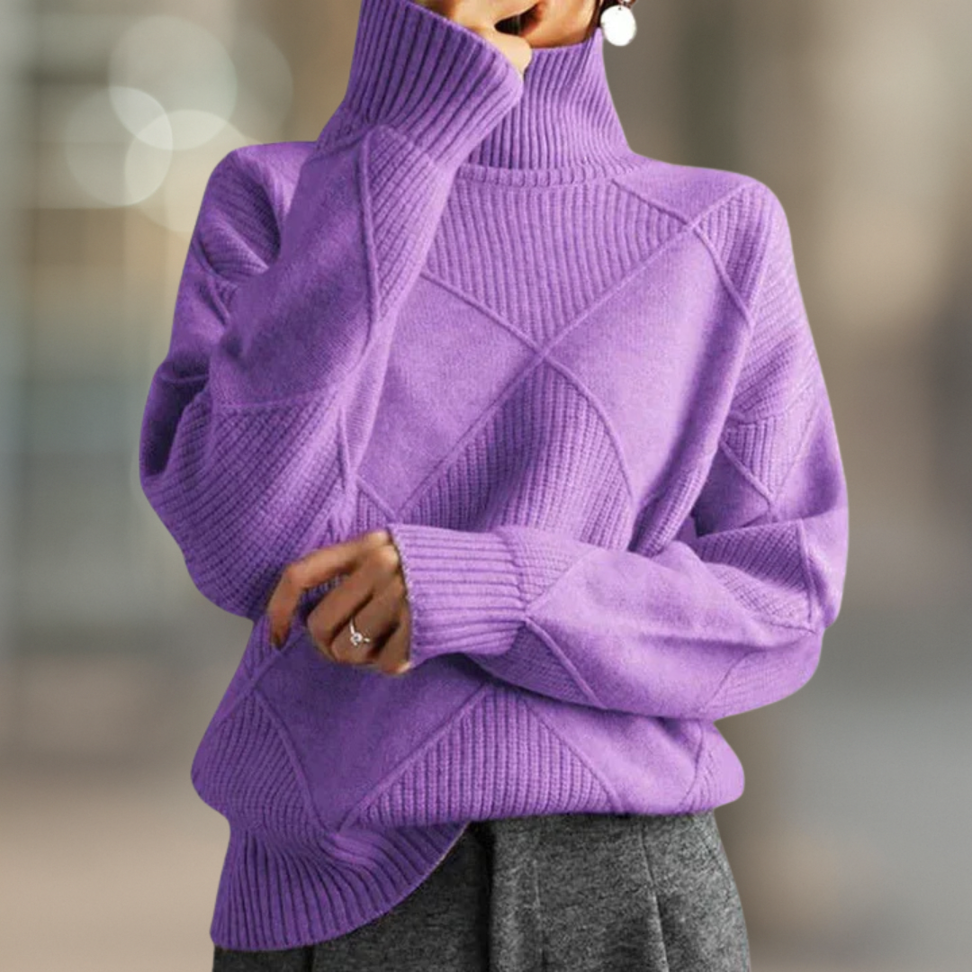 Lavender Purple ribbed turtleneck sweater in textured geometric knit, front view
