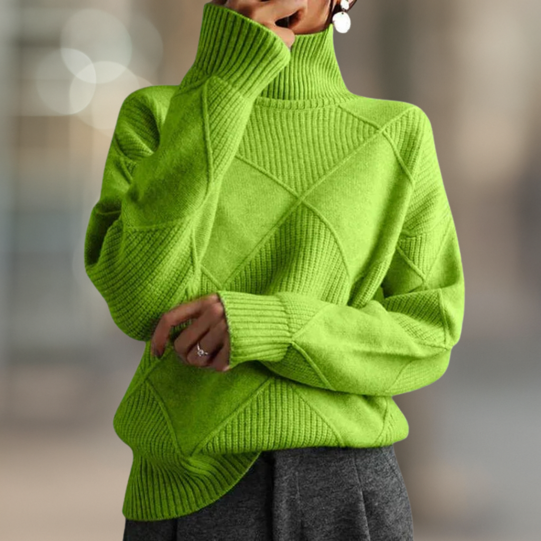 Lime Green ribbed turtleneck sweater in textured geometric knit, front view