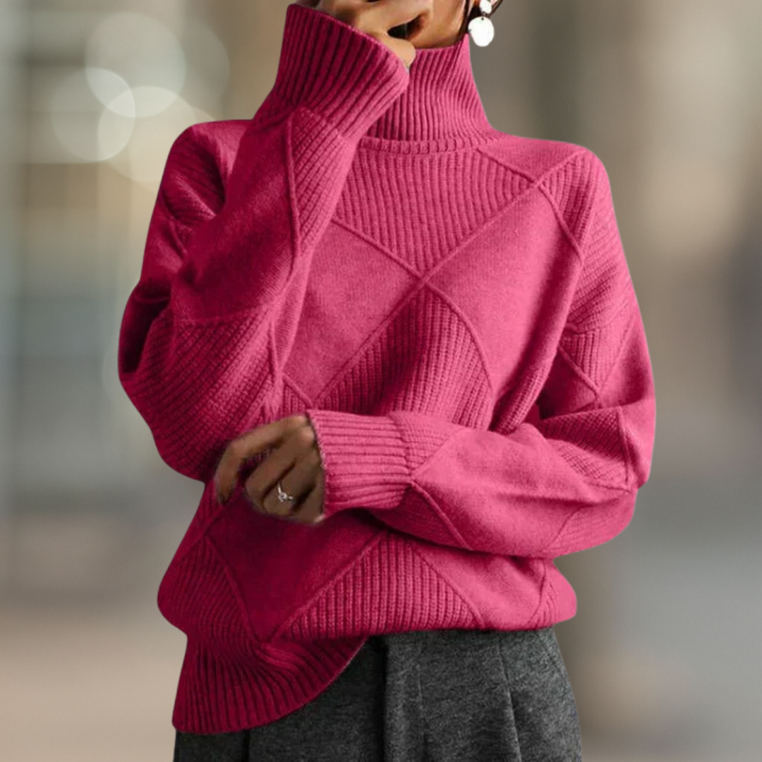 Magenta Pink ribbed turtleneck sweater in textured geometric knit, front view