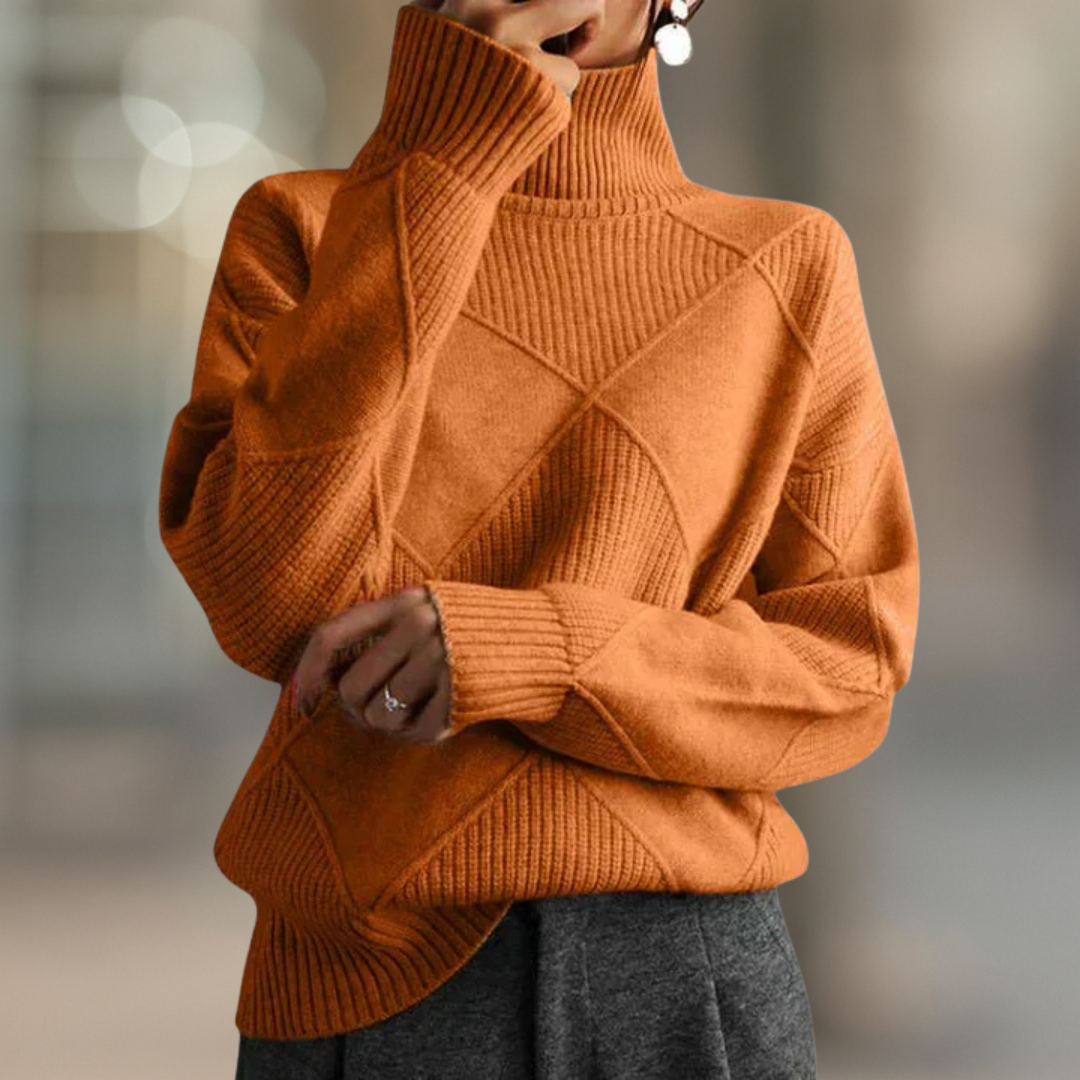 Burnt Orange ribbed turtleneck sweater in textured geometric knit, front view