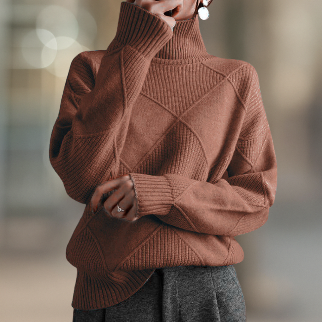 Mocha Brown ribbed turtleneck sweater in textured geometric knit, front view