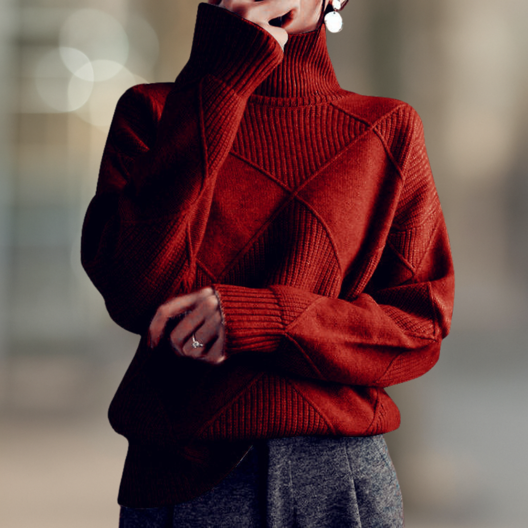 Rouge Red ribbed turtleneck sweater in textured geometric knit, front view