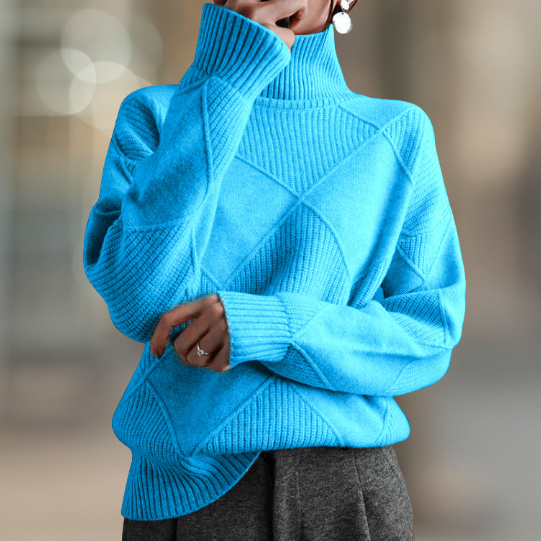 Sky Blue ribbed turtleneck sweater in textured geometric knit, front view