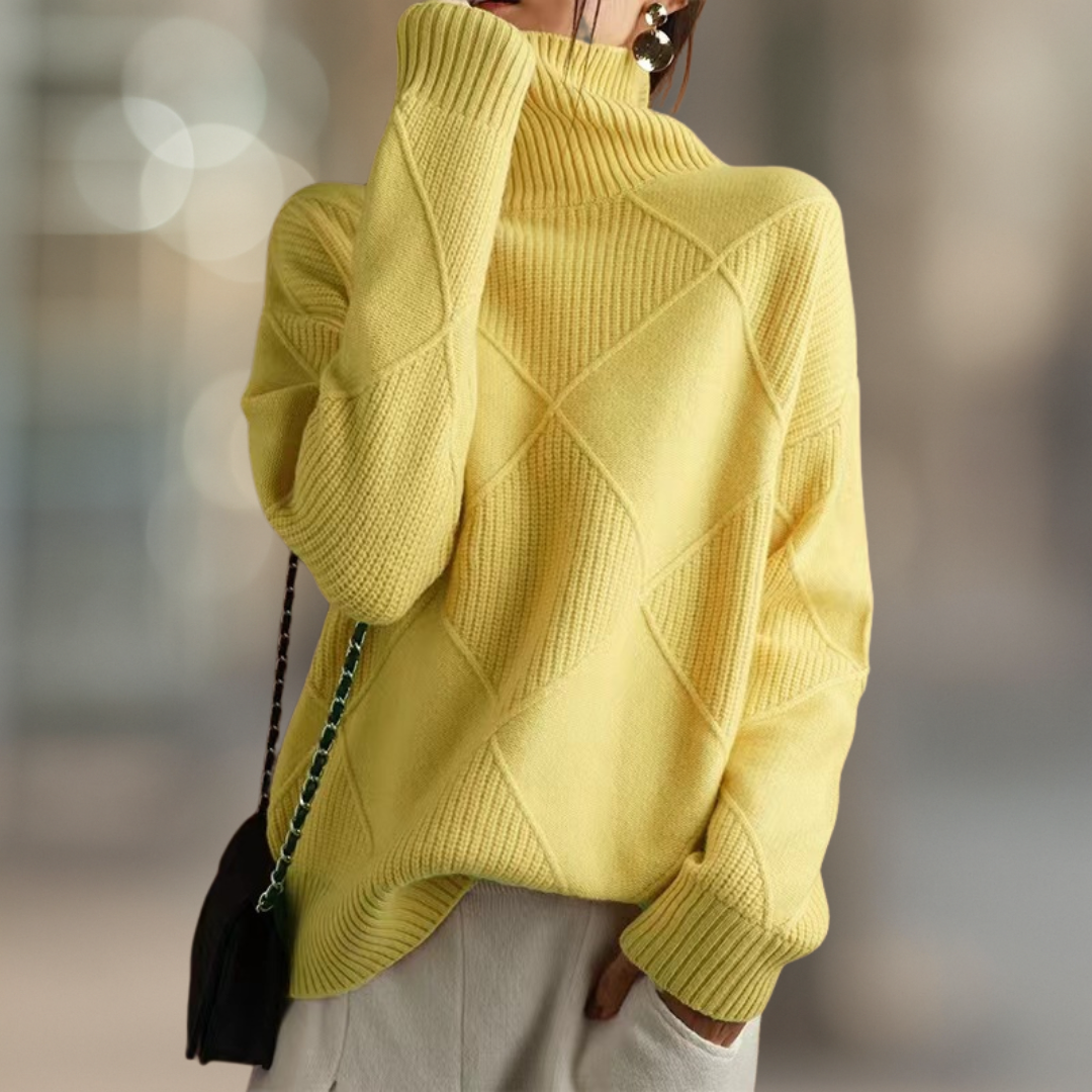 Lemon Yellow ribbed turtleneck sweater in textured geometric knit, front view