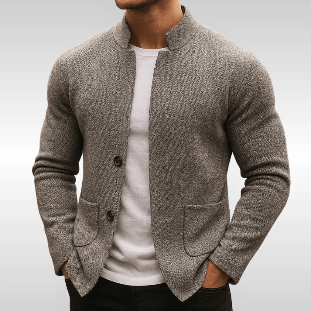 Mandarin-collar textured knit cardigan in grey.