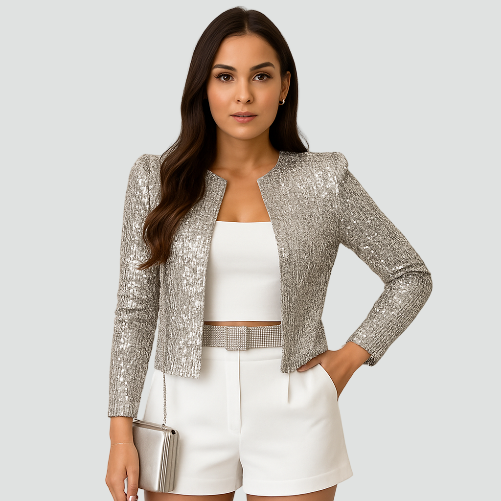 Sequin blazer in silver with an open front and cropped fit, front view.