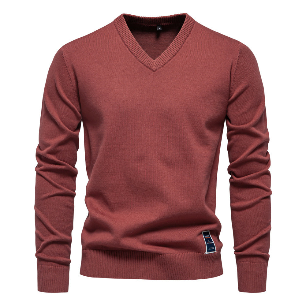 Red V neck sweater in a slim fit cotton-blend knit