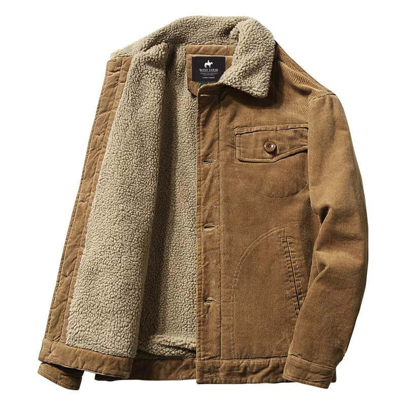 Brown corduroy jacket with plush faux-fur lining and turn-down collar, front view