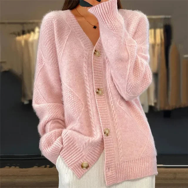 Soft knit button-front cardigan in pink with long sleeves, front view
