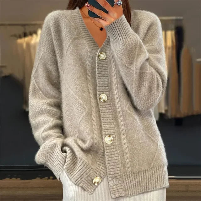 Soft knit button-front cardigan in beige with long sleeves, front view