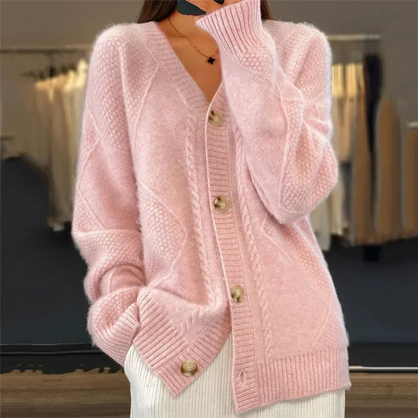 Soft knit cardigan detail showing the button front and knitted texture