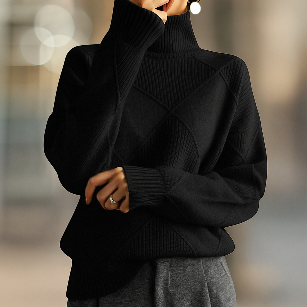 Black Noir ribbed turtleneck sweater in textured geometric knit, front view