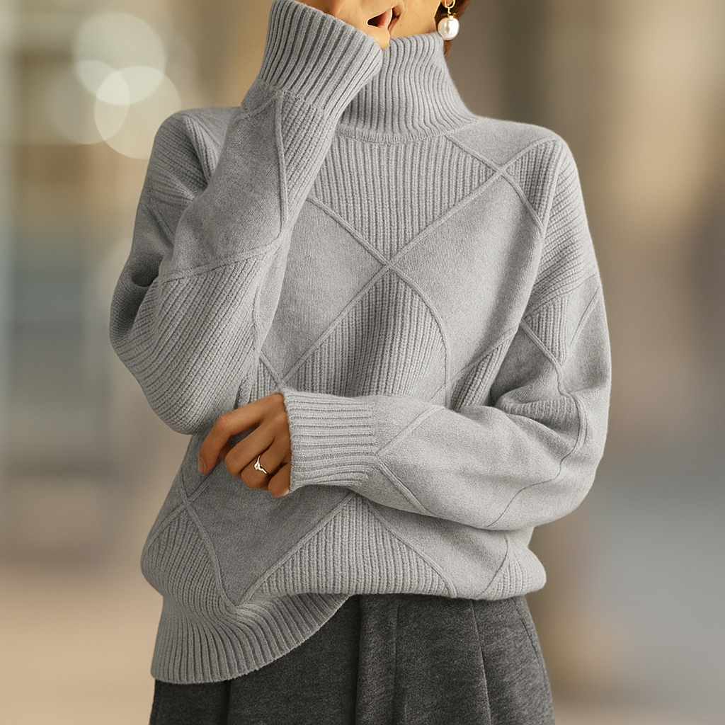 Heather Grey ribbed turtleneck sweater in textured geometric knit, front view