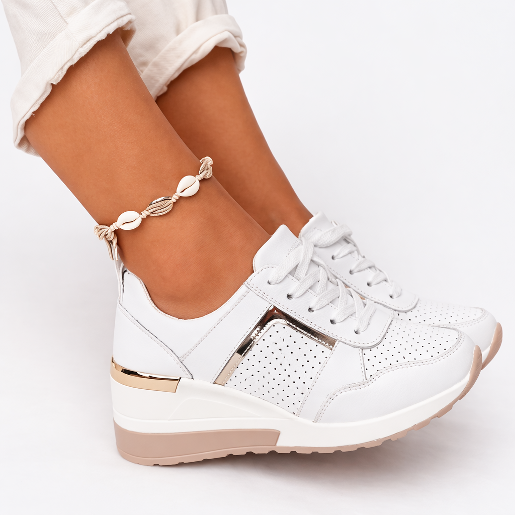 Orthopedic shoes with wedge sole in white, breathable lace-up upper, side view.