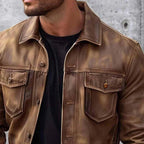 Brown vintage leather jacket with classic collar and button front, view 2