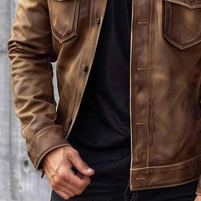 Brown vintage leather jacket with classic collar and button front, view 3