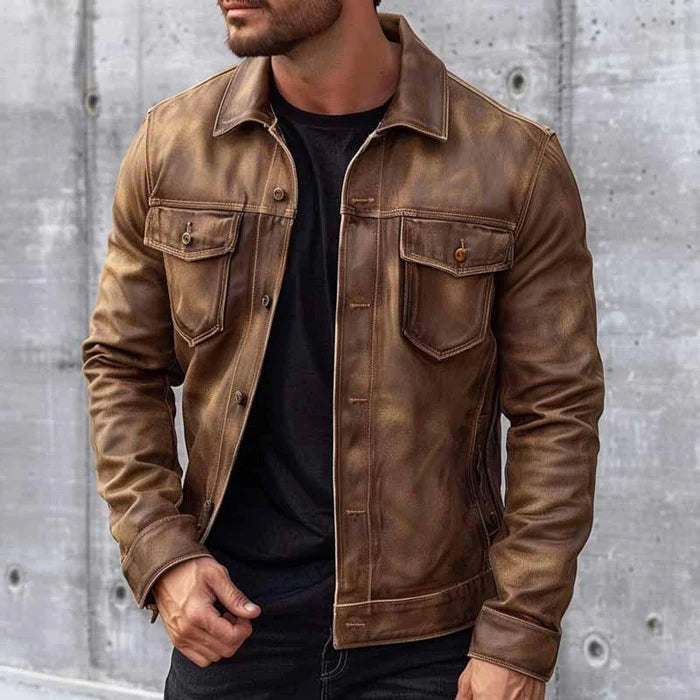 Brown vintage leather jacket with classic collar and button front, view 1