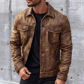 Brown vintage leather jacket with classic collar and button front, view 1