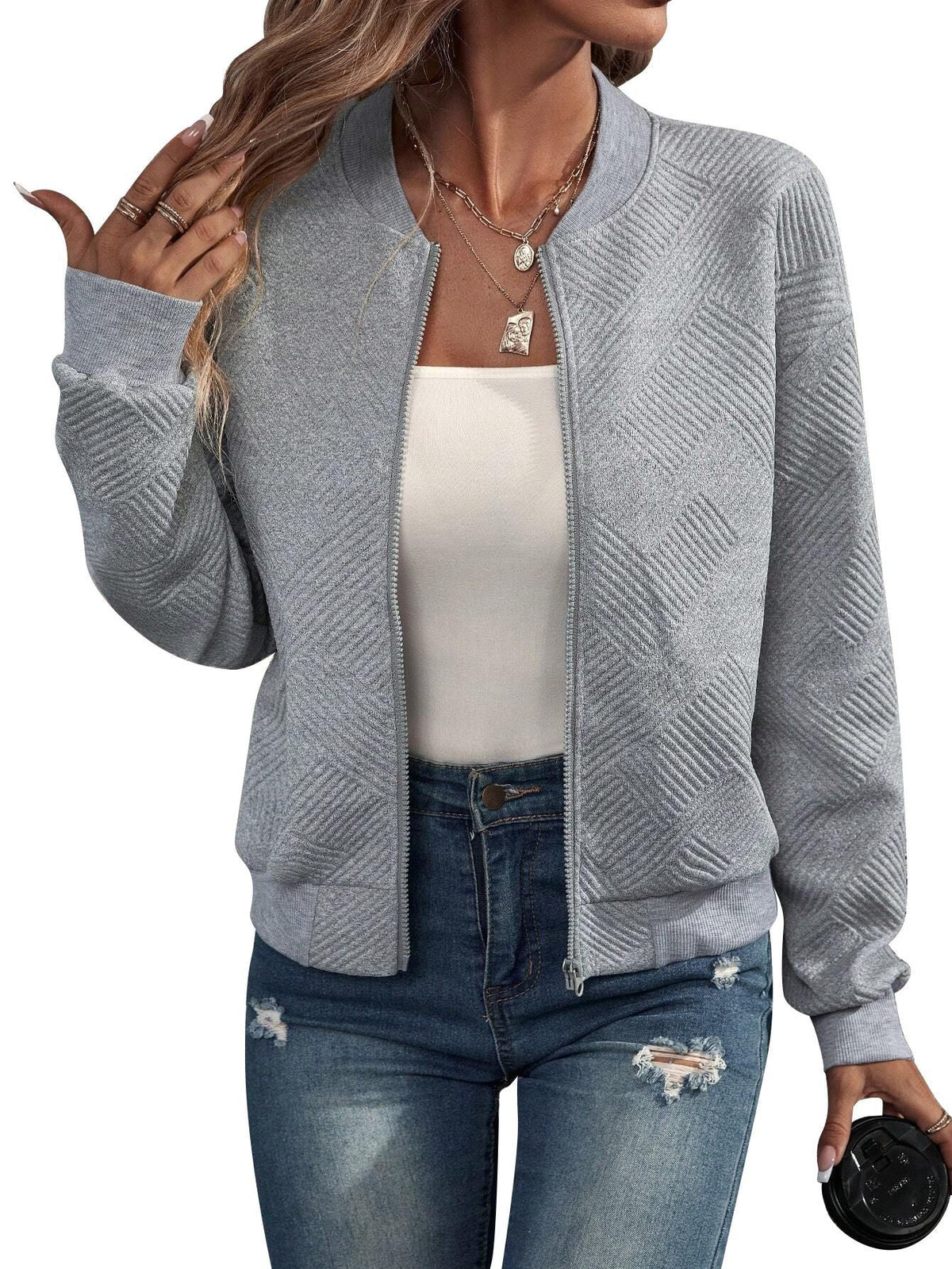 Lightweight bomber jacket with geometric pattern and regular casual fit