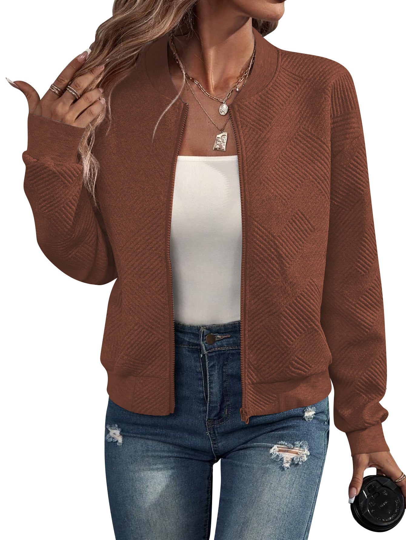 Lightweight bomber jacket with geometric pattern and regular casual fit