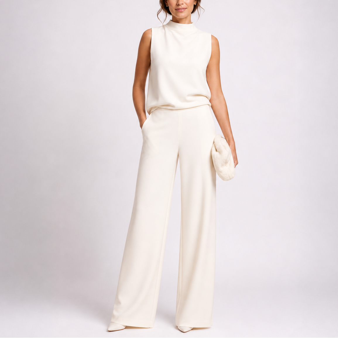 Sleeveless jumpsuit in white with high neckline and wide-leg trousers, full-length view.