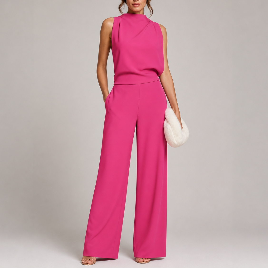 Sleeveless jumpsuit in pink with high neckline and wide-leg trousers, full-length view.