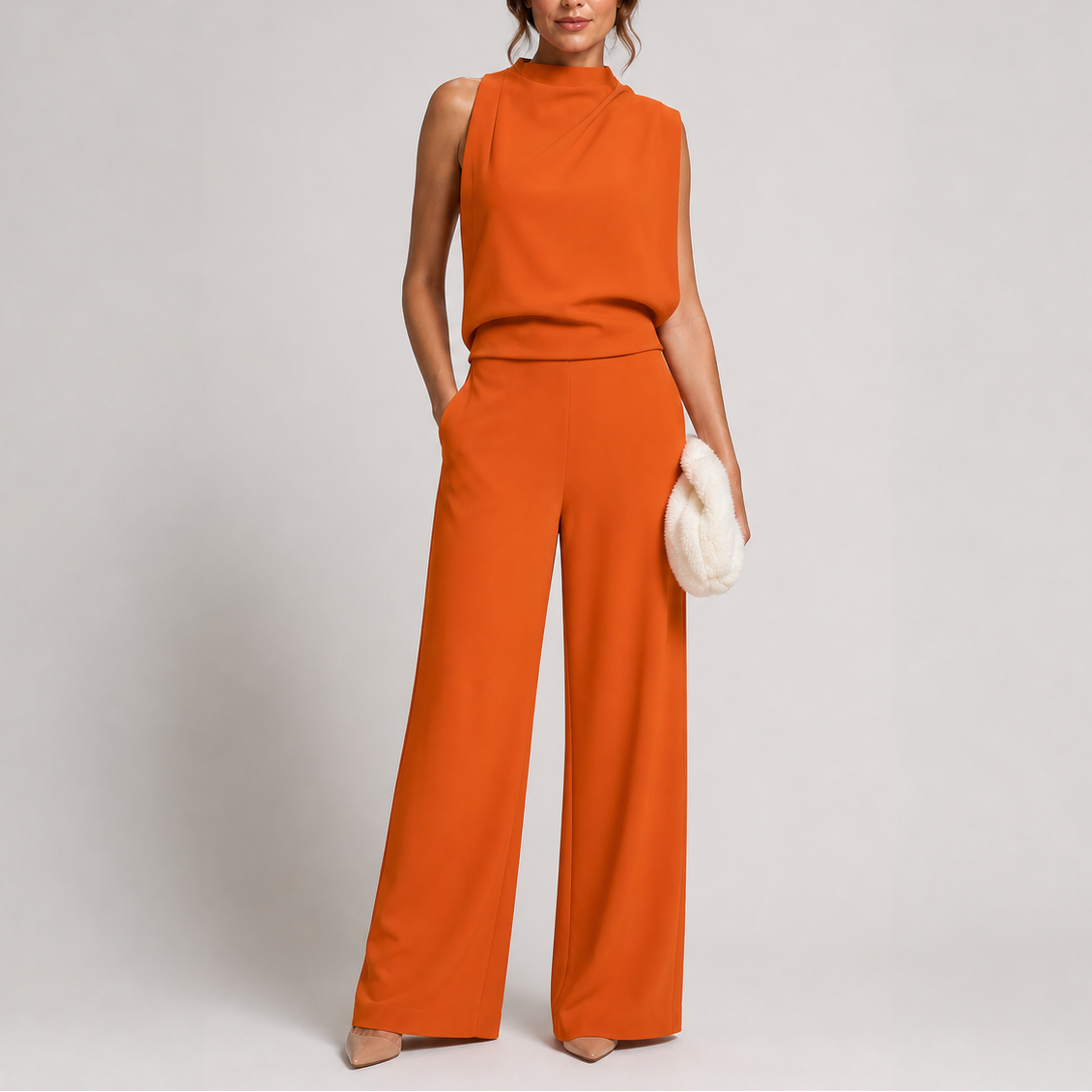 Sleeveless jumpsuit in orange with high neckline and wide-leg trousers, full-length view.