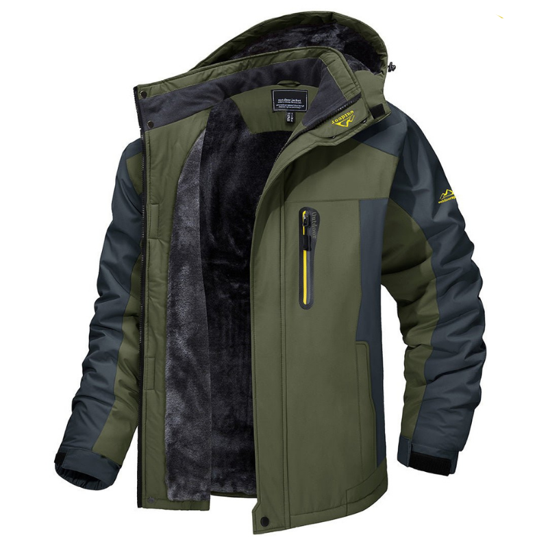 Waterproof winter parka fleece-lined hooded in green, front view